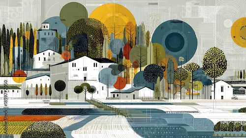 Modern abstract cityscape with colorful trees design high resolution picture