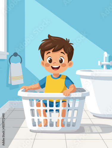 Toddler sitting in laundry basket, cheerful and playful, in bright bathroom setting, copy space