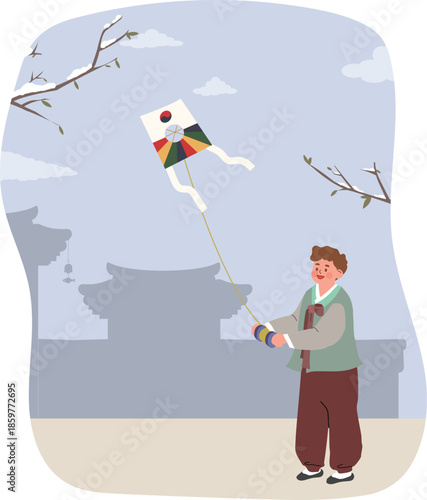 Korean Child Flying Traditional Kite in Winter Landscape