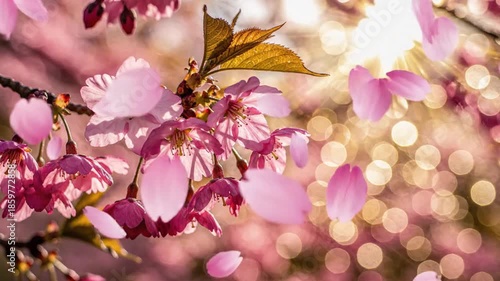 Close up of pink cherry blossom flowers and falling petals with bright sunlight illuminating the image