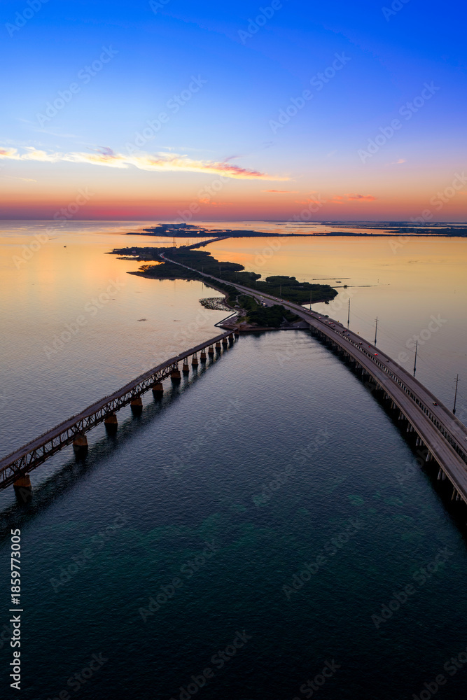 Obraz premium Florida Keys sunset. Aerial drone photo of a sunset over the Overseas Ihghway
