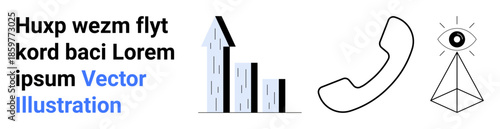 Business strategy, communication systems, analytics, market trends, customer service, insights. Bar chart, phone receiver and an eye with a pyramid. Business strategy and communication concepts