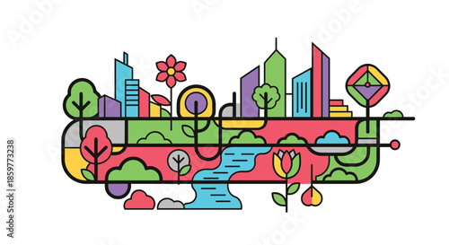 Colorful abstract line art illustration of a smart city featuring modern buildings, nature, and a river flow.