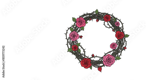 Decorative wreath made of thorny branches and beautiful red and pink roses on a clean white background.