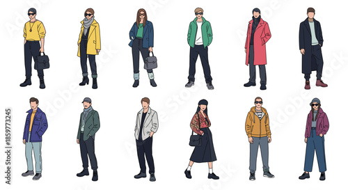 Stylish collection of men and women wearing modern winter and autumn fashion outfits for trendy urban life.
