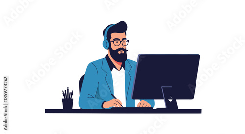 Professional man with a headset working on a computer at his office desk or home workspace for support.