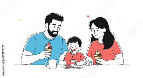 Happy family with a father, mother, and young child enjoying delicious ice cream cones together at a table during a pleasant break.