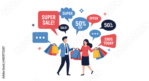 Excited couple holding numerous shopping bags surrounded by promotional speech bubbles for super sales and limited time offers in a store.