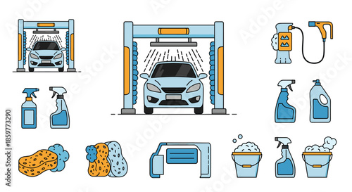 Large set of car wash icons showing the washing station, vehicles, and various cleaning products and tools.