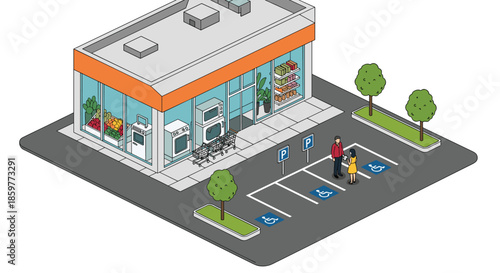 Retail store building with large glass windows showing appliances and groceries features outdoor parking with disability signs.