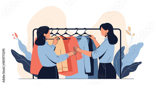 Two women shopping for new clothes and browsing through a garment rack in a stylish fashion store.