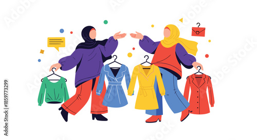 Two smiling Muslim women wearing hijabs enjoying a shopping trip and looking at various colorful dresses on hangers in a boutique.