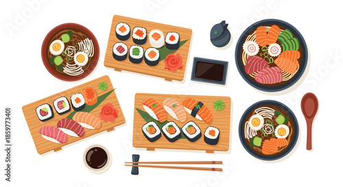 Top view of a variety of Japanese dishes including sushi rolls, ramen bowls, sashimi platters, and soy sauce on a clean white background.