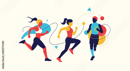Silhouettes of diverse people running and exercising in active motion with abstract colorful geometric shapes.