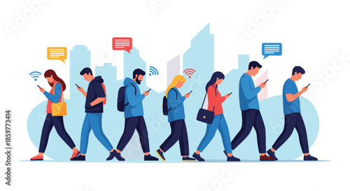 Group of people walking in a city while looking at their mobile phones with digital signal icons above them.
