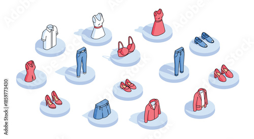 Isometric set of various clothing items and accessories including dresses shirts pants shoes and undergarments.