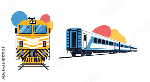 Frontal and side view illustrations of modern trains traveling on tracks with abstract colorful background shapes in a clean vector style.