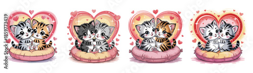 Cute kittens hugging on cushion with heart background set of adorable cat couples for love day