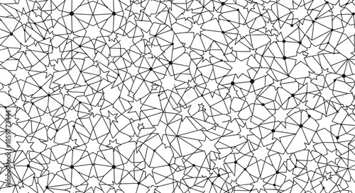 Intricate black and white geometric pattern made of overlapping stars and lines in a complex abstract design.