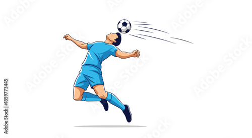 Soccer player in blue uniform performing a header with a fast moving football in a dynamic sports action pose.