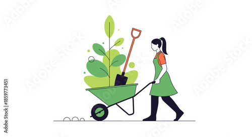 Professional woman gardener pushing a green wheelbarrow filled with a large plant and a shovel for gardening and landscaping concepts.