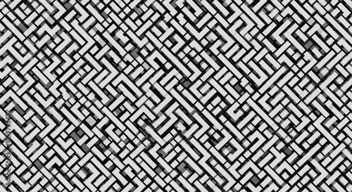 Dense abstract pattern of an intricate black and white maze with overlapping paths in a geometric design.