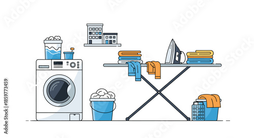Modern domestic laundry room setup with washing machine ironing board electric iron and baskets of clean folded clothes for home concepts.