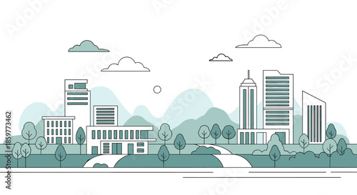 Modern urban cityscape illustration with buildings trees and mountains in the distance in a clean minimalist line art style.