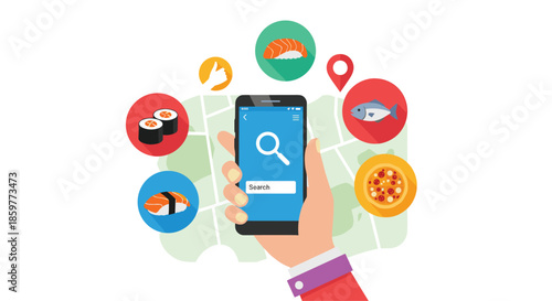 Hand holding a smartphone displaying a map and search bar with various food icons like pizza sushi and fish.