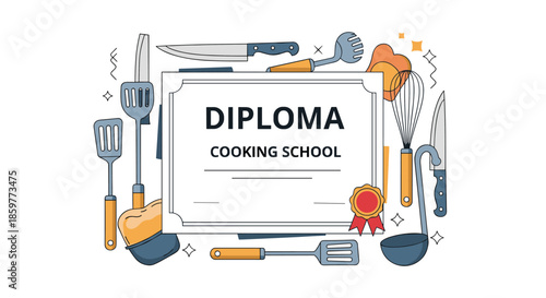 Cooking school diploma certificate template surrounded by various kitchen utensils and fresh food ingredients in a flat vector style.