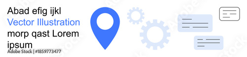 Navigation tools, collaboration, digital systems, engineering processes, customization, data flow. Blue location pin with gears and text modules. Navigation tools and collaboration
