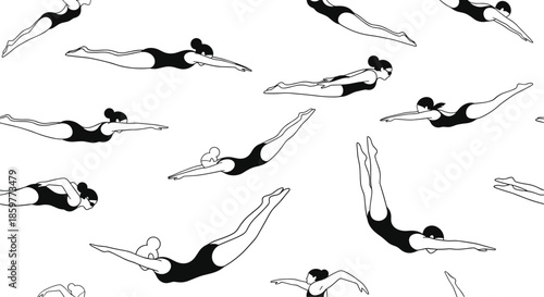 Seamless repeating pattern of female swimmers in black swimsuits in various swimming and diving poses over a white background.