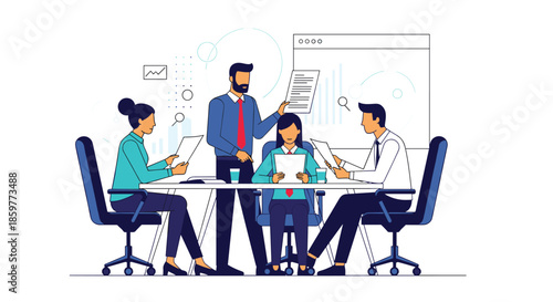 Professional business team having a productive meeting around a conference table with documents and charts.