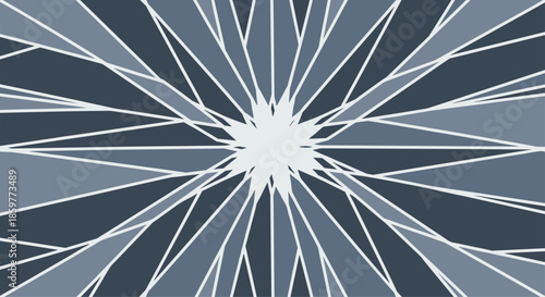 Symmetrical abstract geometric sunburst pattern with dark and light blue shards radiating from the center.
