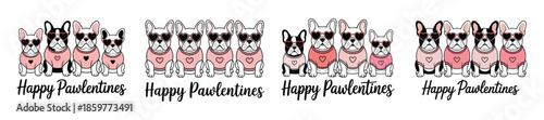 Happy pawlentines french bulldog puppy group wearing pink sweaters and heart shaped sunglasses