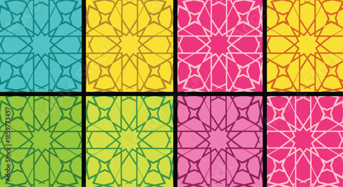 Eight squares of colorful geometric Islamic patterns with intersecting lines for decorative background designs.
