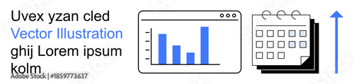 Data analysis, business growth, planning, performance tracking, scheduling, financial insights. Bar chart on a webpage, calendar and arrow upward. s data analysis and business growth