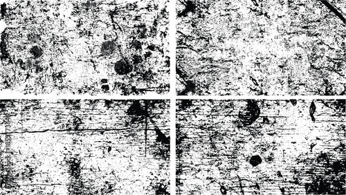 Black and white grunge texture with distressed details on four panels