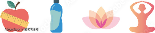 Illustrative icons of an apple water bottle flame and yoga pose on transparent background

