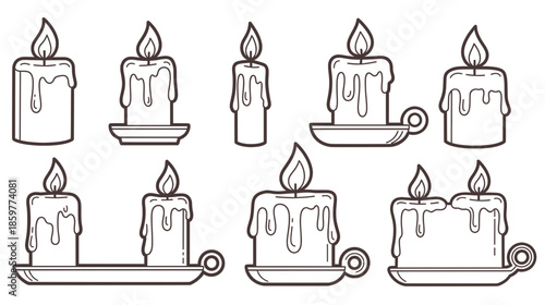 Various candle illustrations featuring different shapes, sizes, and melting wax details, showcasing warm light and cozy ambiance for decorative or thematic use