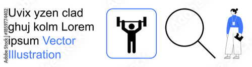 Fitness, research, analysis, personal growth, lifestyle, data insights. Weightlifting icon, magnifying glass person with notebook. Fitness and research conceptual design for applications