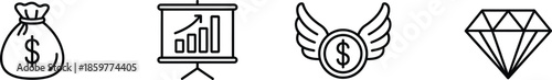 Four distinct black and white icons representing wealth scrolls wings and gems on transparent background

