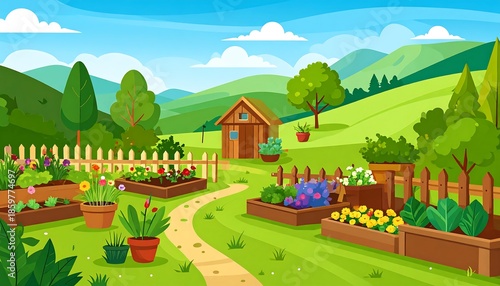 Cartoon-style illustration depicts a vibrant garden with various flowers and plants in raised beds, a wooden shed, and a rolling landscape