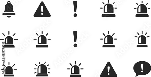 Collection of Black Alert Symbols and Icons.