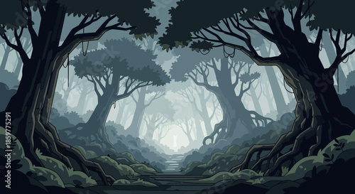 A dark, mysterious forest path winding through ancient, gnarled trees with exposed roots and a misty, ethereal background.