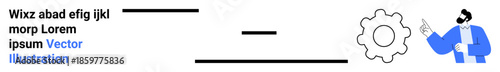 Workflow management, process optimization, teamwork, innovation, engineering, business solutions. Gear symbol and a person pointing. Workflow management and process optimization concept