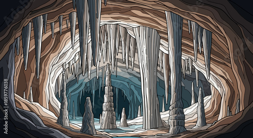 Vast cave interior with numerous stalactites and stalagmites, featuring a small stream and an illustrative art style.