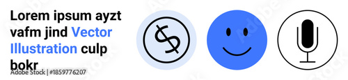 Business, communication, finance, podcasting, entertainment, branding. Blue smile face, dollar symbol and microphone icons in a minimal style. Communication and finance concepts