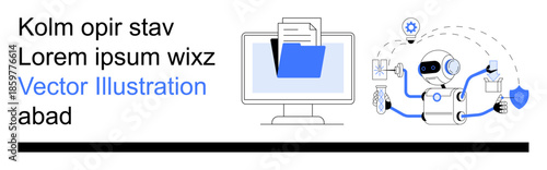 Data storage, automation, artificial intelligence, file management, cybersecurity, workflow optimization. A robot interacting with files and folders on a computer. Data storage and automation concept