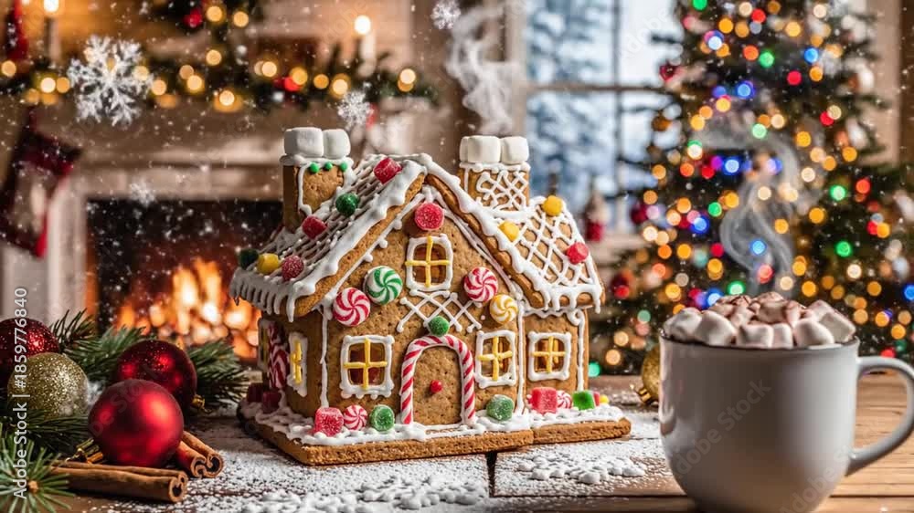 custom made wallpaper toronto digitalDecorated gingerbread house with decorations christmas tree fireplace background
